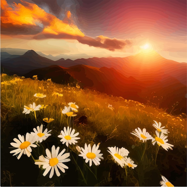 Vector campo de flores de margaritas con el telón de fondo de las montañas bajo un cielo de puesta de sol de verano con nubes