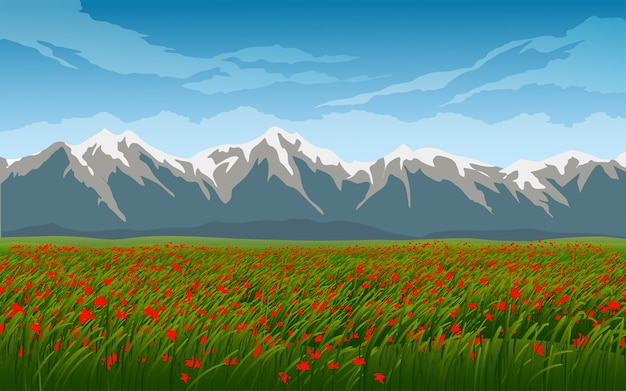 Vector campo y flores con montaña.