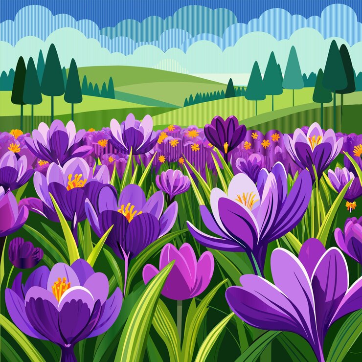 Vector un campo de flores púrpuras con árboles en el fondo