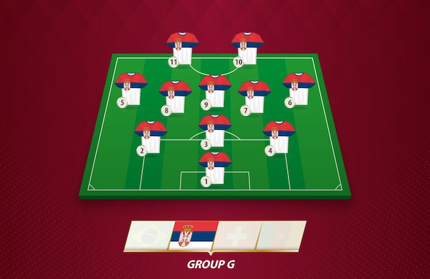 Campo de fútbol con la alineación del equipo de Serbia para la competición europea