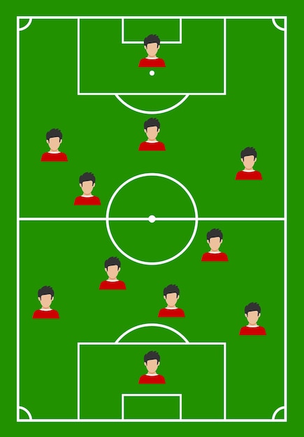 Campo de fútbol con césped verde y con once jugadores. Ilustración vectorial