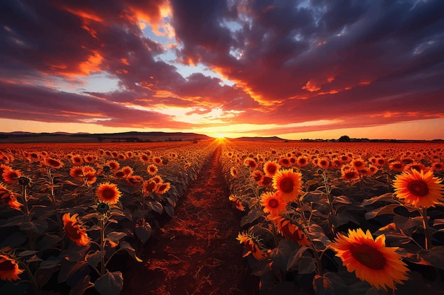 Vector campo de girasoles en flor sobre una puesta de sol de fondo