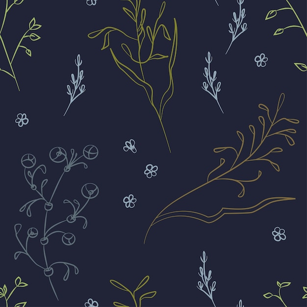 Campo inconsútil flores y pastos elementos vector patrón