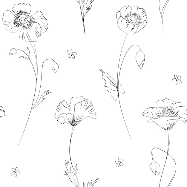 Campo inconsútil flores y pastos elementos vector patrón