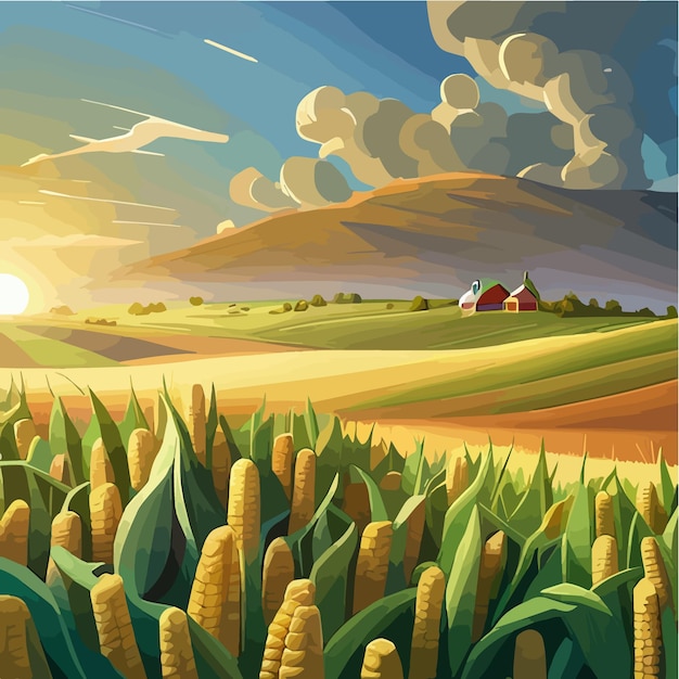 Vector campo de maíz con el cielo azul ilustración vectorial realista del campo de maíz en el tiempo de cosecha