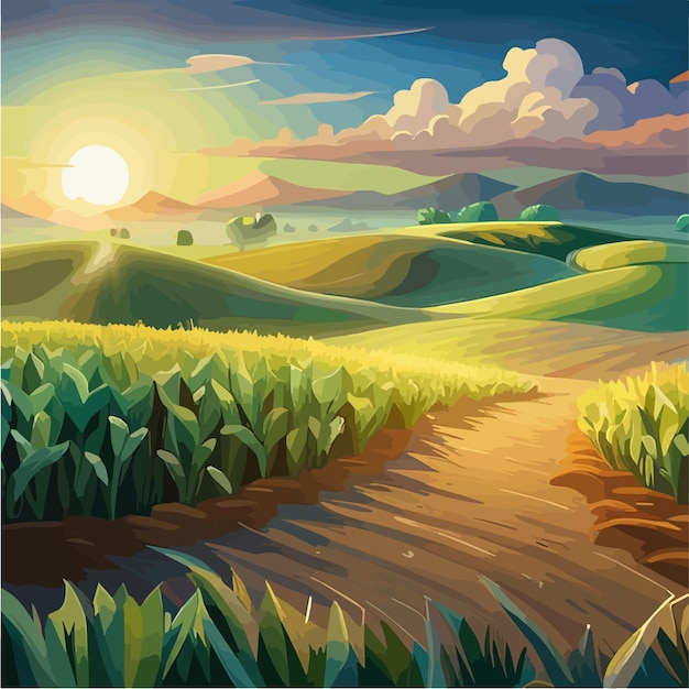 Campo de maíz con el cielo azul ilustración vectorial realista del campo de maíz en el tiempo de cosecha