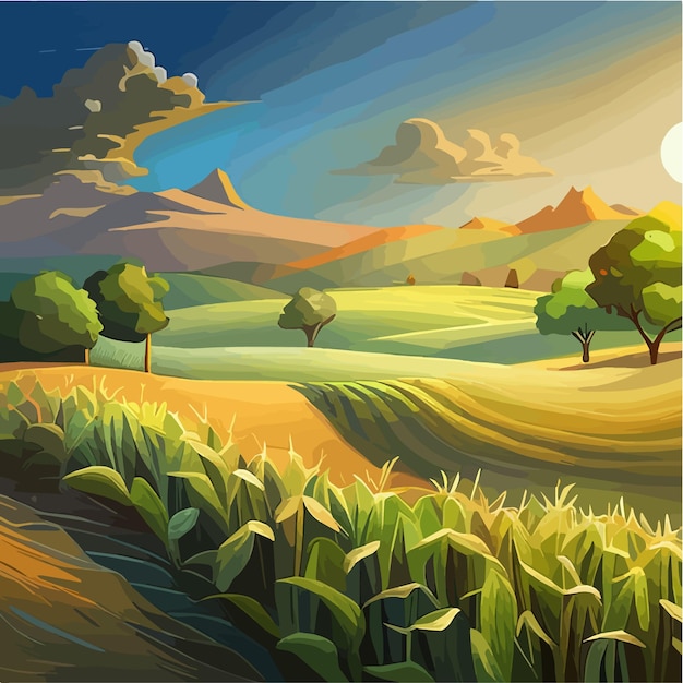 Vector un campo de maíz con mazorcas maduras contra una ilustración de vector de imagen de fondo de cielo azul