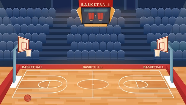 Campo de pasillo vacío de dibujos animados para jugar aro de juego del equipo de baloncesto para pelotas y asientos para el sector de los fanáticos