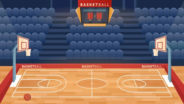 Vector campo de pasillo vacío de dibujos animados para jugar aro de juego del equipo de baloncesto para pelotas y asientos para el sector de los fanáticos