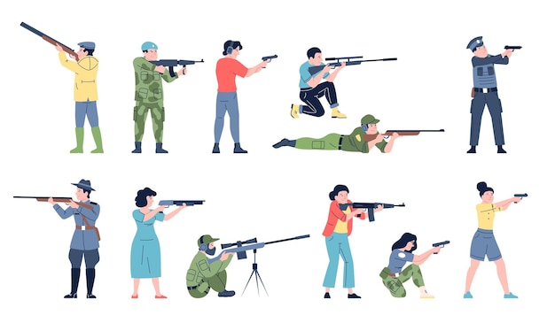 Campo de tiro La gente sostiene armas de fuego hombres mujer dispara entrenamiento de tiro con arma y rifle sosteniendo diferentes armas personajes vectoriales recientes
