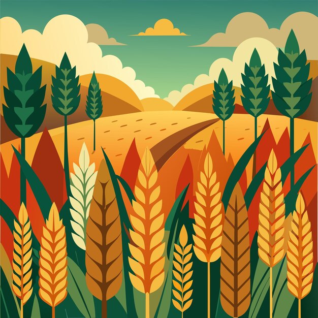 Un campo de trigo con un campo y árboles en el fondo
