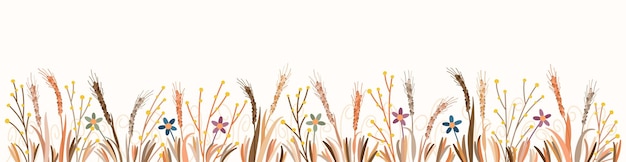 Campo de trigo Gran estandarte con diferentes espigas de ramas de maíz y flores Agricultores campo de cereales