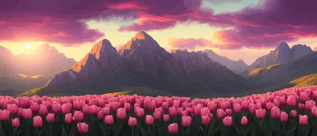 Vector un campo de tulipanes contra el telón de fondo de las montañas de primavera estandarte ilustración vectorial enorme campo de