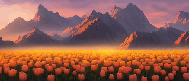 Un campo de tulipanes contra el telón de fondo de las montañas de primavera estandarte ilustración vectorial enorme campo de