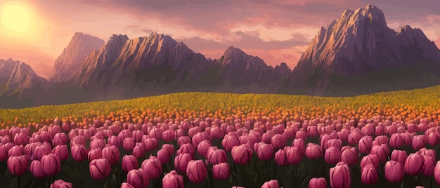 Vector un campo de tulipanes contra el telón de fondo de las montañas de primavera estandarte ilustración vectorial enorme campo de