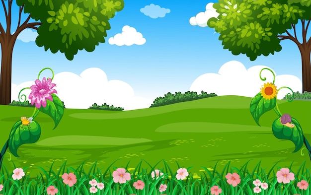 Vector campo verde con un árbol y flores.