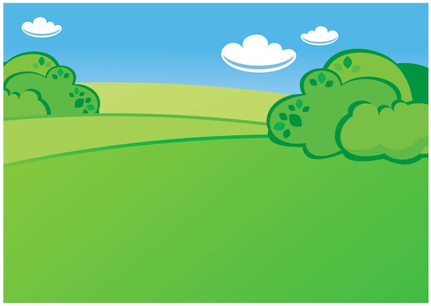 Vector campo verde con arbustos cielo azul nubes blancas ilustración vectorial dibujos animados divertidos para niños