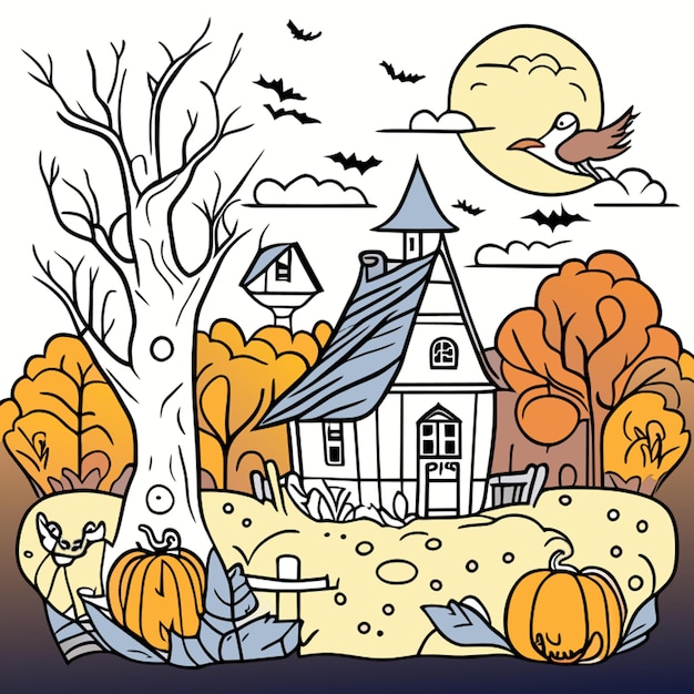 campos de atmósfera de halloween con casas pájaros espantapájaros ilustración vectorial de línea de arte