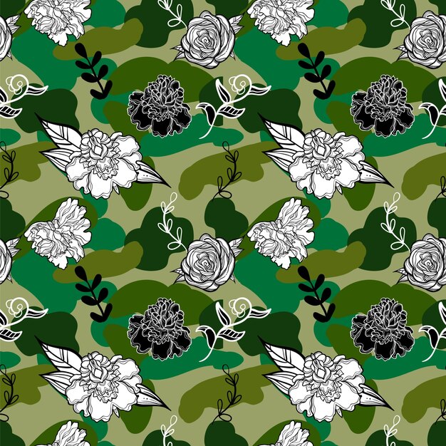 Camuflaje patrón sin costuras con flores detener el concepto de la guerra