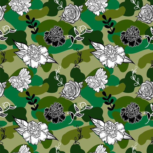 Camuflaje patrón sin costuras con flores detener el concepto de la guerra