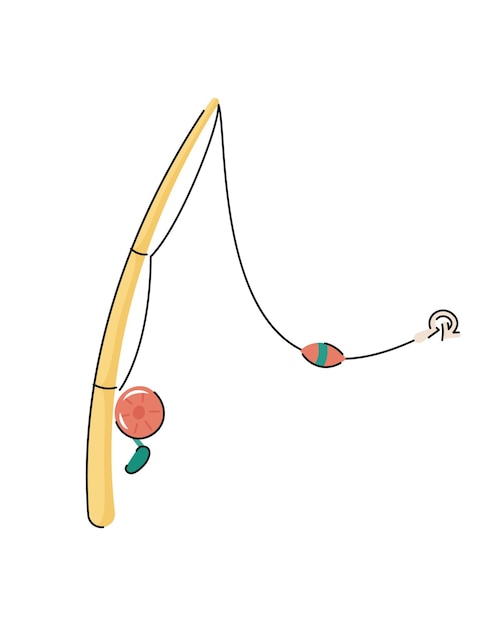 Vector caña de pescar dibujada a mano de dibujos animados con anzuelo de flotador de carrete accesorio de pesca hobby actividad de ocio