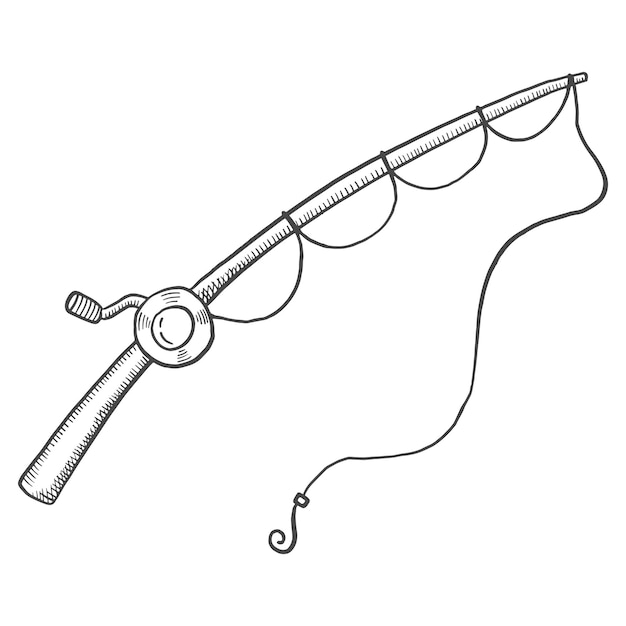 Caña de pescar línea aislada garabato boceto dibujado a mano con estilo de contorno