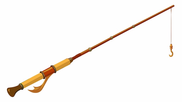 Vector una caña de pescar de madera tallada a mano terminada con una laca brillante y equipada con precisiones artesanales