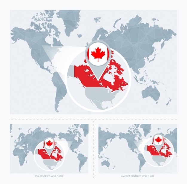 Canadá magnificada sobre el Mapa del Mundo 3 versiones del Mapa Mundial con bandera y mapa de Canadá