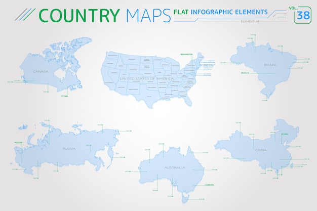 Canadá, Rusia, China, Estados Unidos, Brasil y Australia, mapas vectoriales.