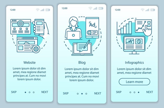 Canales para la plantilla vectorial de pantalla de la página de la aplicación móvil de integración seo turquesa. márketing. sitio web, pasos del sitio web del recorrido del blog con ilustraciones lineales. concepto de interfaz de teléfono inteligente ux, ui, gui