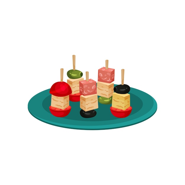Canape con aceitunas tomates cereza carne y queso bocadillos sabrosos para banquete comida apetitosa elemento gráfico para cartel promocional icono vectorial colorido en estilo plano aislado sobre fondo blanco
