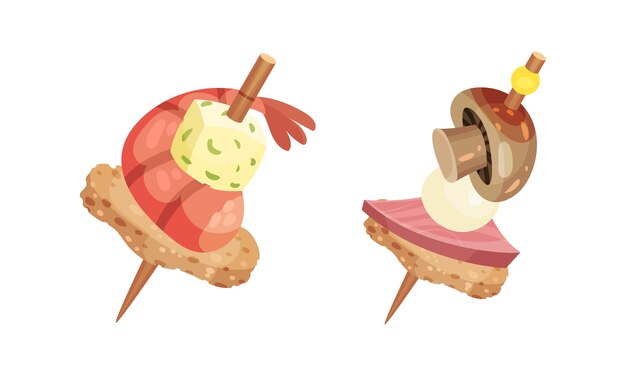 Canape o Finger Food salpicado en un palo de cóctel como un conjunto vectorial de pequeñas porciones individuales