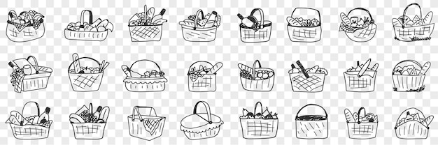 Vector canasta con comida doodle set