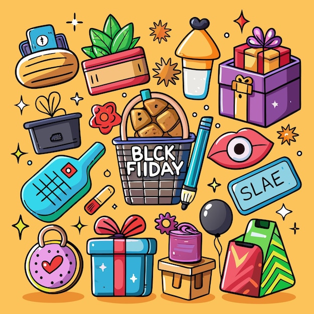 Una canasta de compras con "Black Friday" escrito en ella está rodeada de otros artículos, incluidos regalos, plantas, un teléfono, labios, un ojo, una botella, un bolígrafo y más.