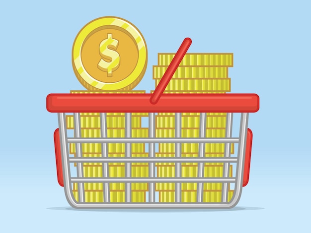 La canasta de compras con monedas contiene dinero