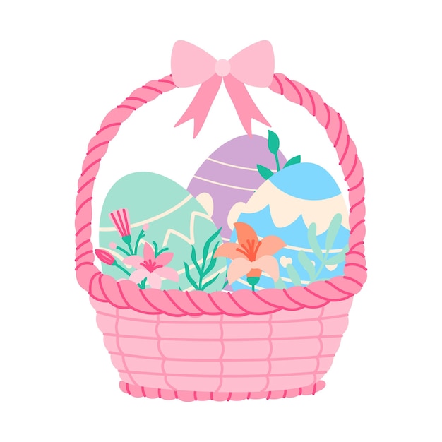 Una canasta de huevos con una cinta rosa y flores