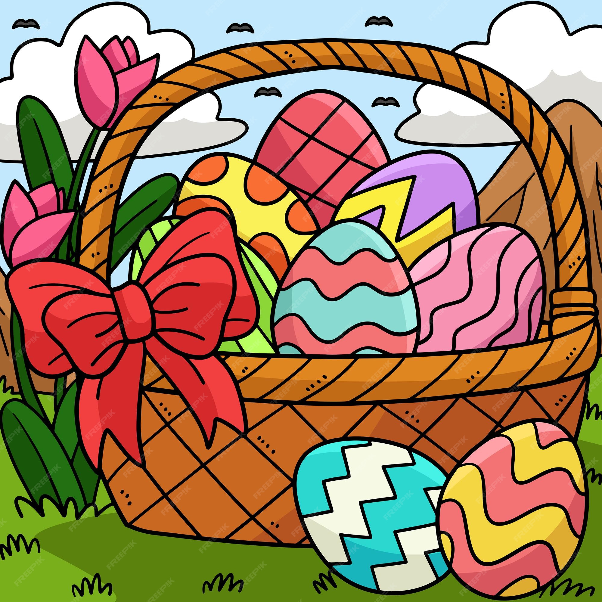 Canasta de huevos de pascua ilustración de dibujos animados de colores |  Vector Premium