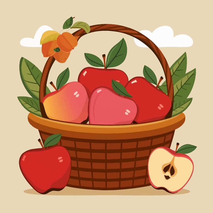 Vector una canasta de manzanas y una manzana con una canasa de manzanas
