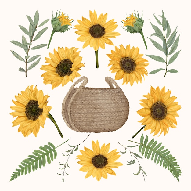 Canasta De Paja Boho Con Girasoles Y Hojas