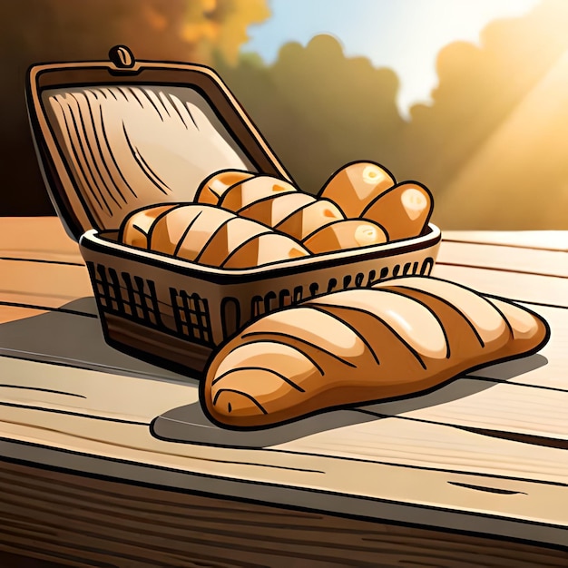 Vector una canasta de pan está sobre una mesa de madera con una bolsa de pan en el medio.