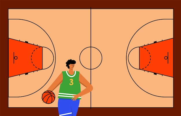 Cancha de baloncesto parquet con jugador niño o hombre adulto pelota para jugar ilustración vectorial