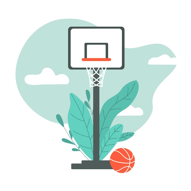 Cancha de baloncesto con tablero y canasta. Baloncesto. ilustración.