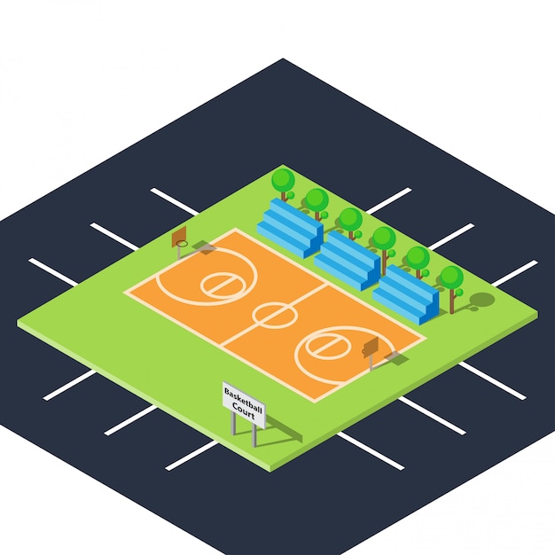 Cancha pública de baloncesto al aire libre con diseño plano e isométrico