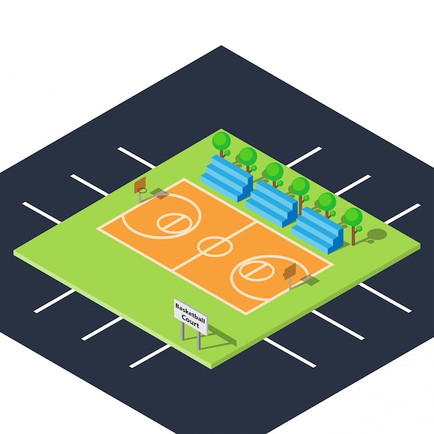 Vector cancha pública de baloncesto al aire libre con diseño plano e isométrico