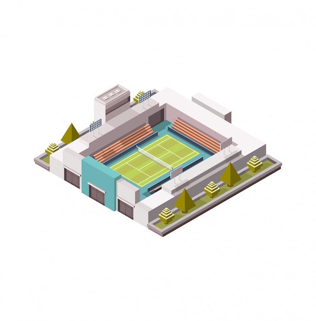 Vector cancha de tenis, plataforma isométrica cubierta de hierba, ilustración, juego de tenis, bajo poli. área abierta. 3d