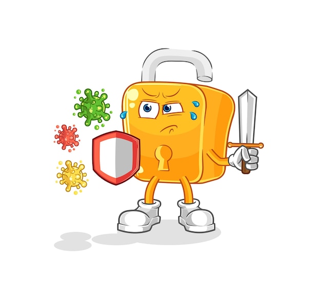 Candado contra virus dibujos animados vector de mascota de dibujos animados