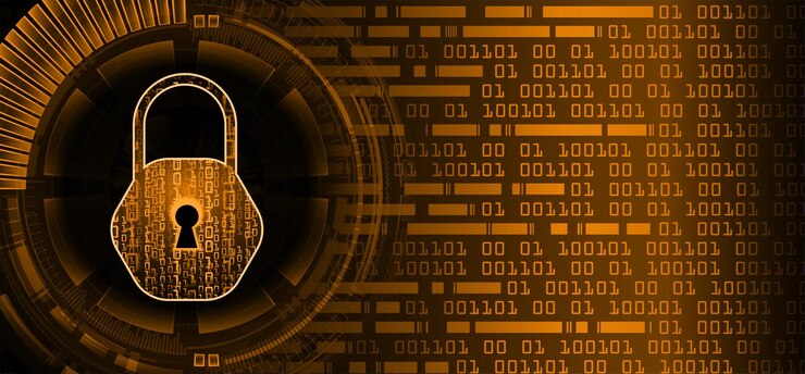 Vector un candado dorado y negro con la palabra ciberseguridad.