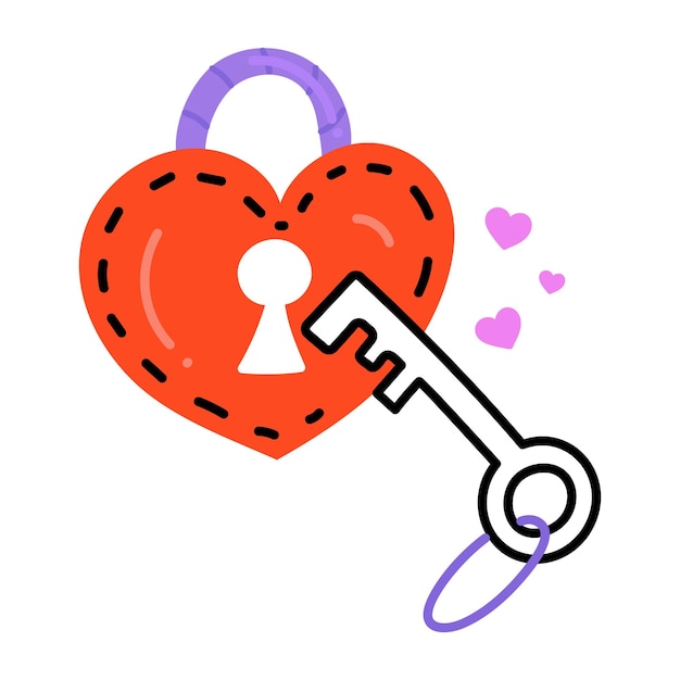 Candado en forma de corazón con llave icono plano de llave de corazón