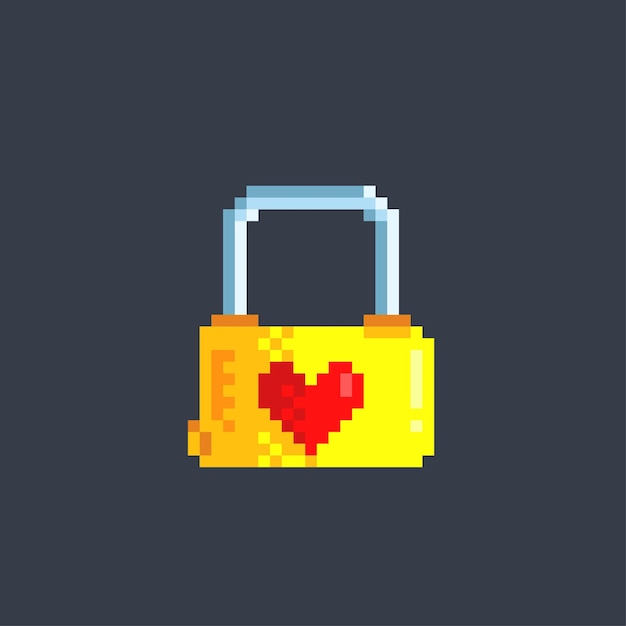 candado de oro con signo de amor en estilo píxel