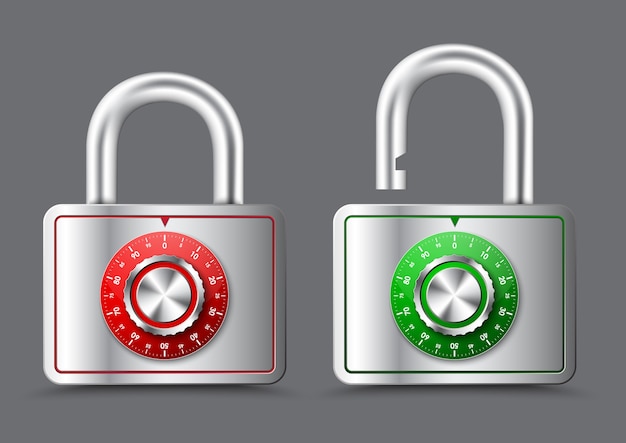 Candado rectangular de metal con asa abierta y cerrada, con esfera redonda mecánica para marcar una contraseña o código PIN